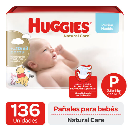 Pañales Huggies Natural Care Unisex Pack 136 Un (4 paq. X 34 un). Talla P